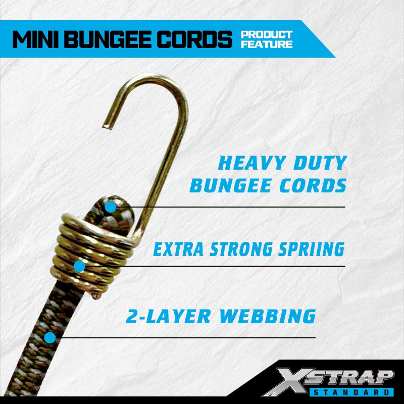 XSTRAP STANDARD 20 Pack Mini Bungee Cords with Hooks, 10 Inch Rubber Stretchy Bungee Cords for Camping, Tools, Tarp Covers, Canvas Canopies, and Cargo (Camouflage), Hang Christmas Ornaments - Image 4